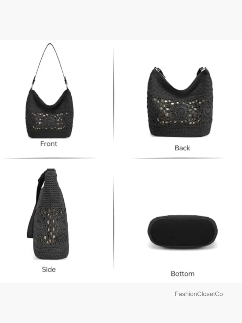 Crochet Hobo Bag Woven Boho Shoulder Purse Handbag with Leather Strap